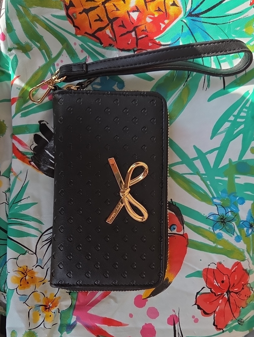 Black Wristlet Phone Wallet with Gold Bow Accent